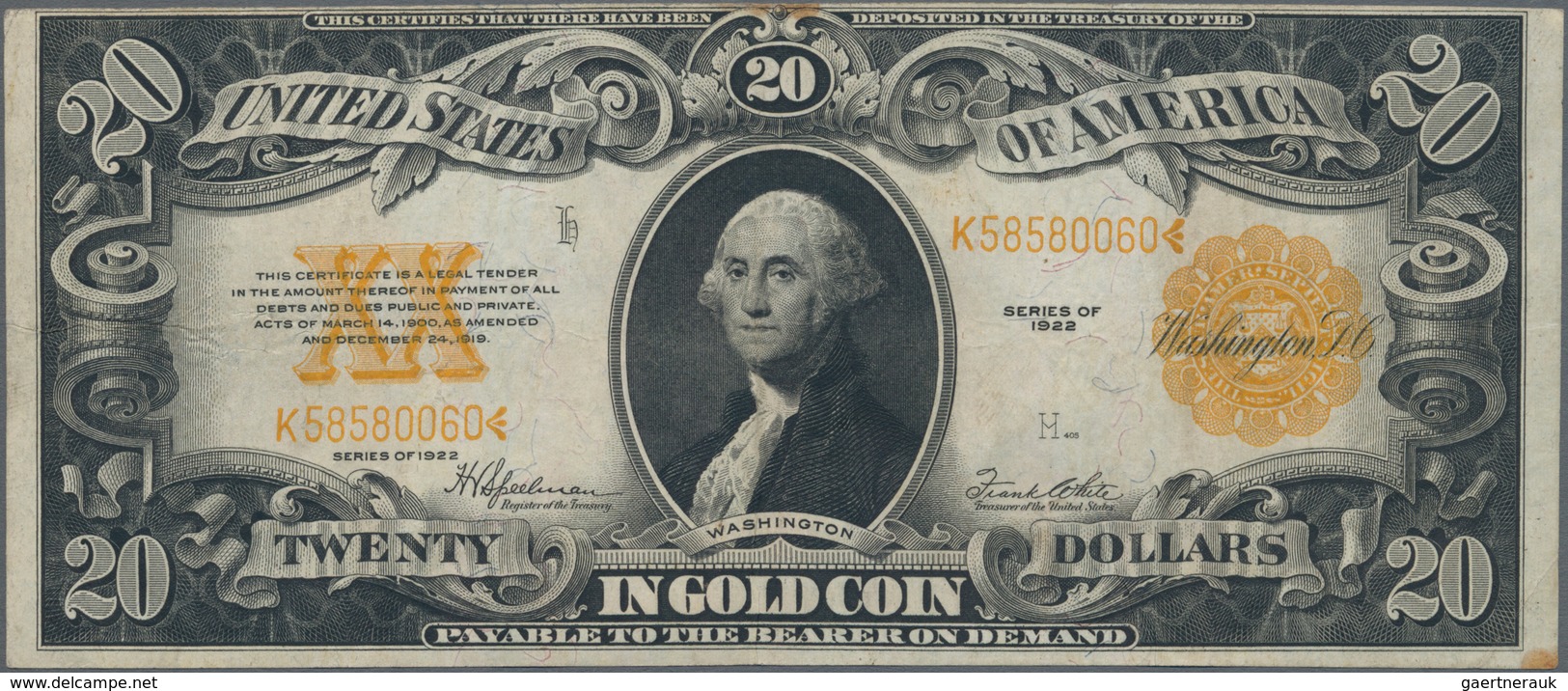 United States Of America: Gold Certificate 20 Dollars 1922, P.275, Very Nice Condition With A Few Fo - Other & Unclassified