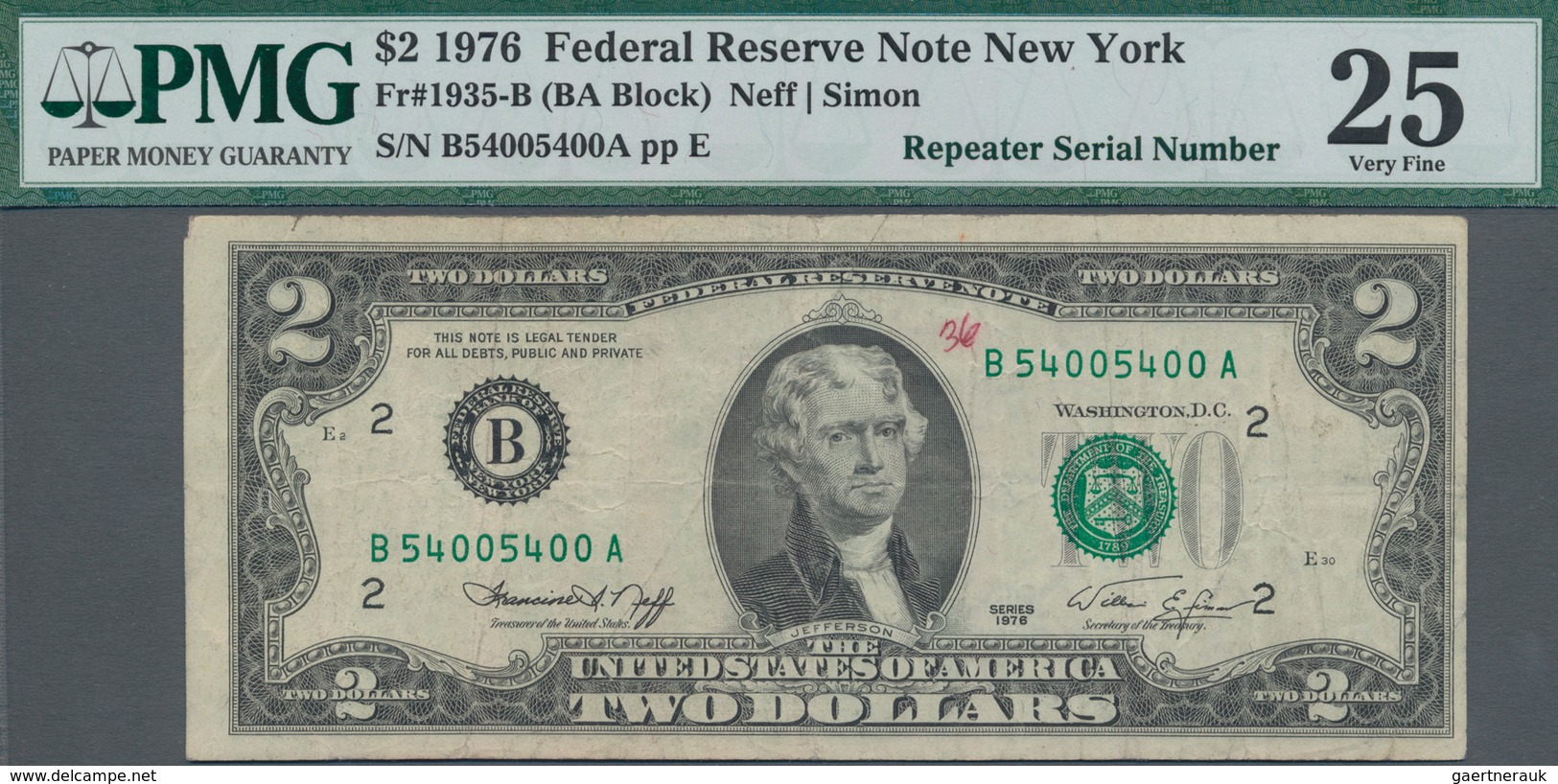 United States Of America: Federal Reserve Note – New York 2 Dollars 1976 With Signatures: Neff & Sim - Sonstige & Ohne Zuordnung