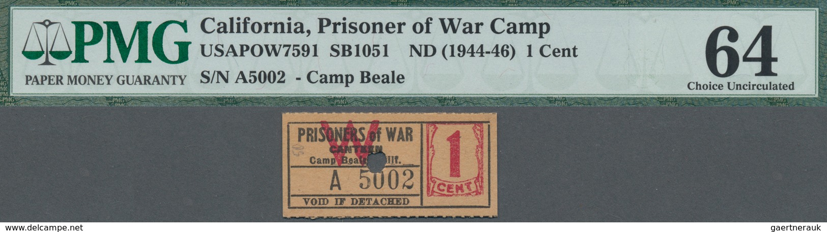 United States Of America: California – Camp Beale 1 Cent POW Camp Money, ND(1944-46), SB1051, Punch - Autres & Non Classés