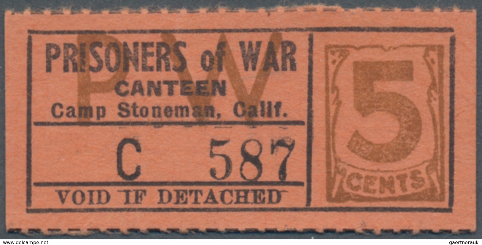 United States Of America: California – Camp Stoneman 5 Cents POW Camp Money ND(1940's), CA-17-2-5b I - Andere & Zonder Classificatie