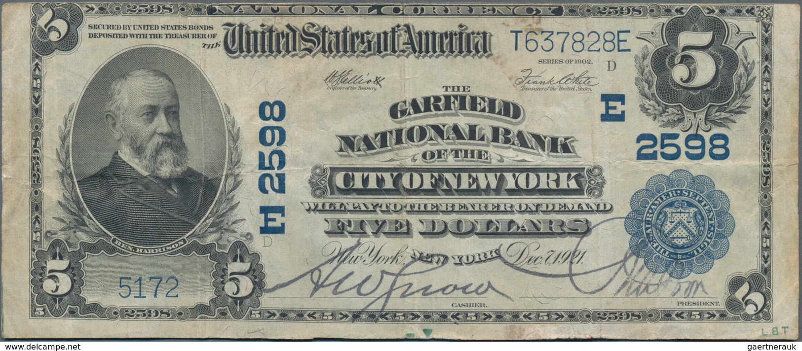 United States Of America: The Garfield National Bank Of The City Of New York 5 Dollars National Curr - Sonstige & Ohne Zuordnung