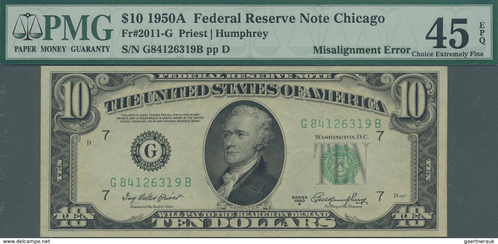 United States Of America: 10 Dollars 1950A Fr#2011-G, Misalignment ERROR On Back, Front Side Correct - Other & Unclassified
