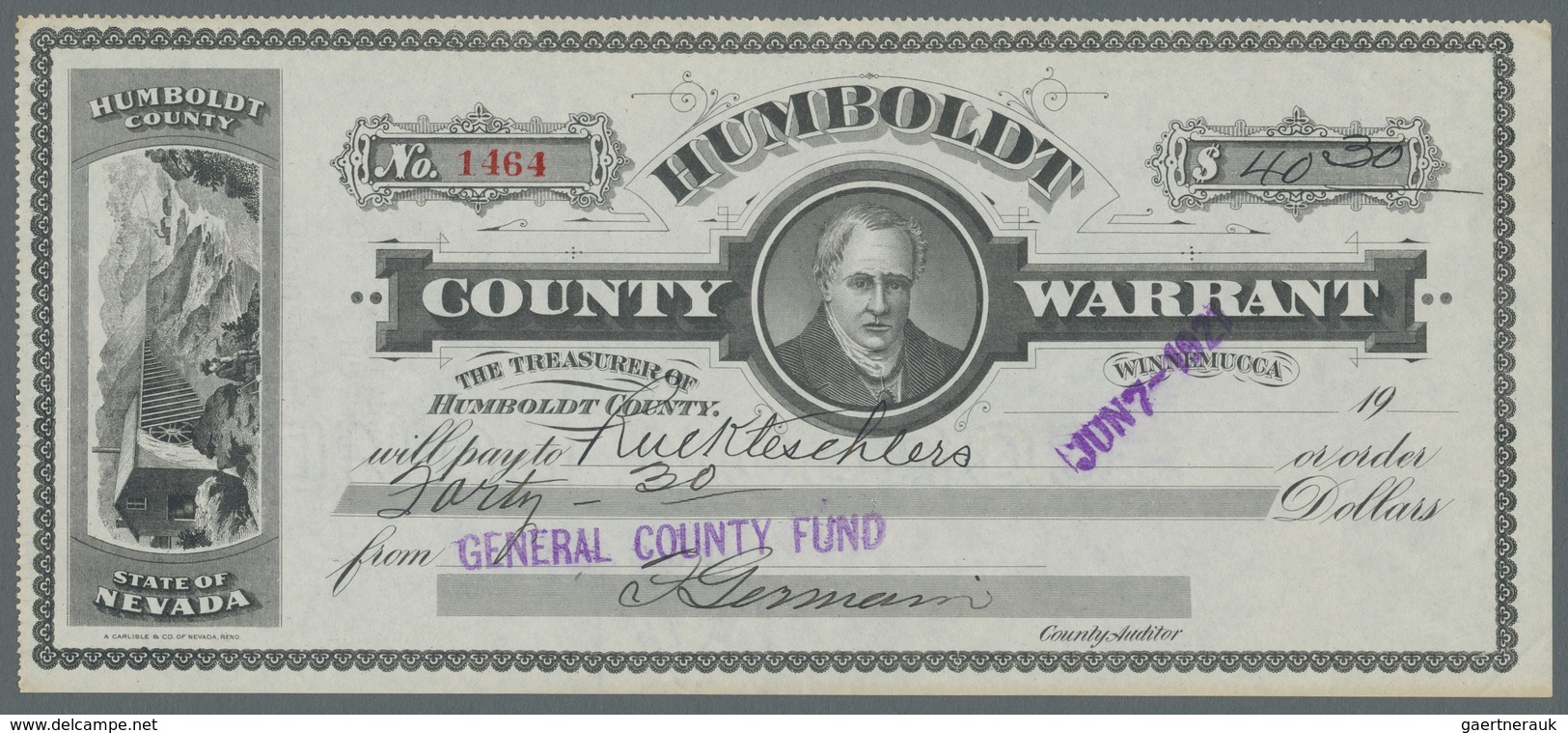 United States Of America: 1920, "Humboldt County/Nevada" Scheck über 40,30 Dollar In Sehr Guter Erha - Sonstige & Ohne Zuordnung