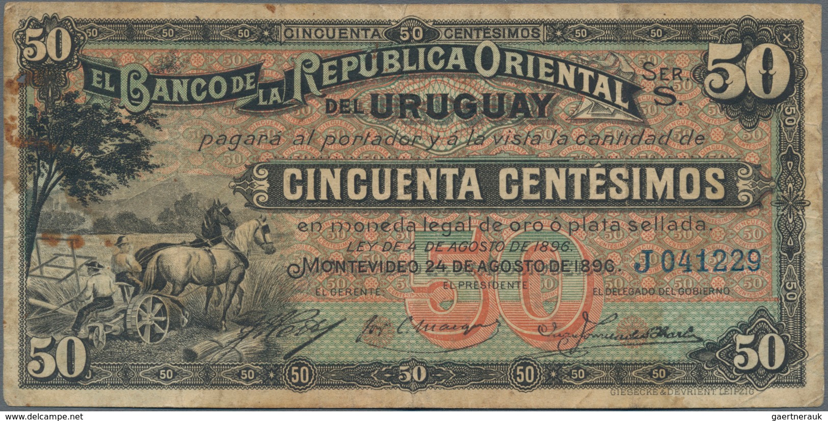 Uruguay: El Banco De La Republica Oriental Del Uruguay 50 Centesimos 1896, P.2 In About F Condition. - Uruguay