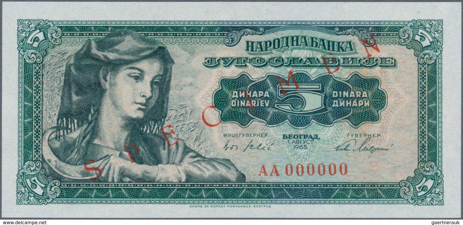 Yugoslavia / Jugoslavien: Complete Specimen set of the 1965 series with 5, 10, 50 and 100 Dinara SPE