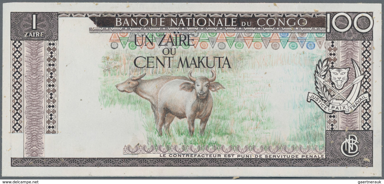 Zaire: Banque Central Du Congo – Zaire Uniface Unadopted Design Essay For 1 Zaire = 100 Makuta, ND, - Zaïre