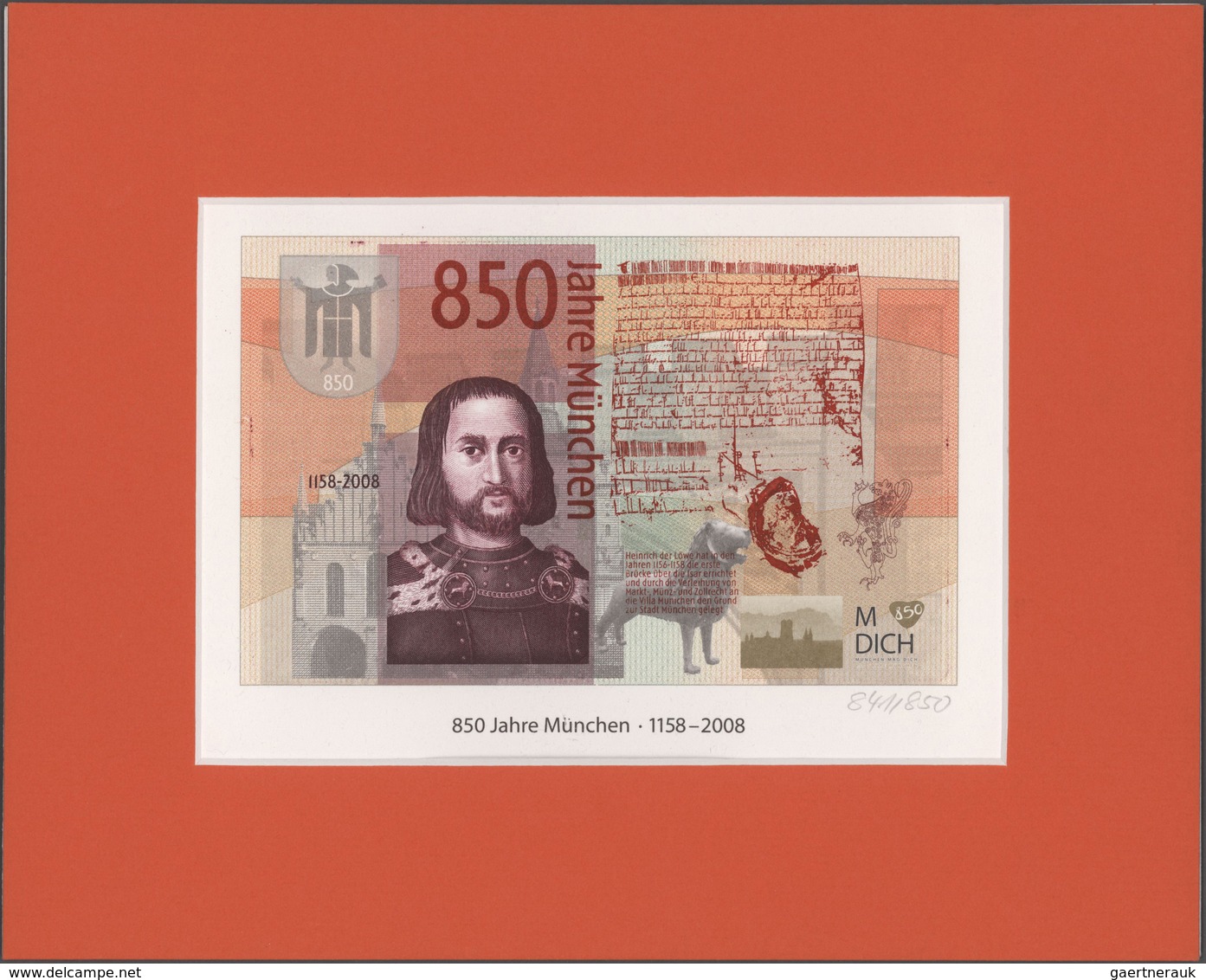 Testbanknoten: Very Rare Advertising Note By Giesecke & Devrient For The 850th Anniversary Of The Ci - Specimen