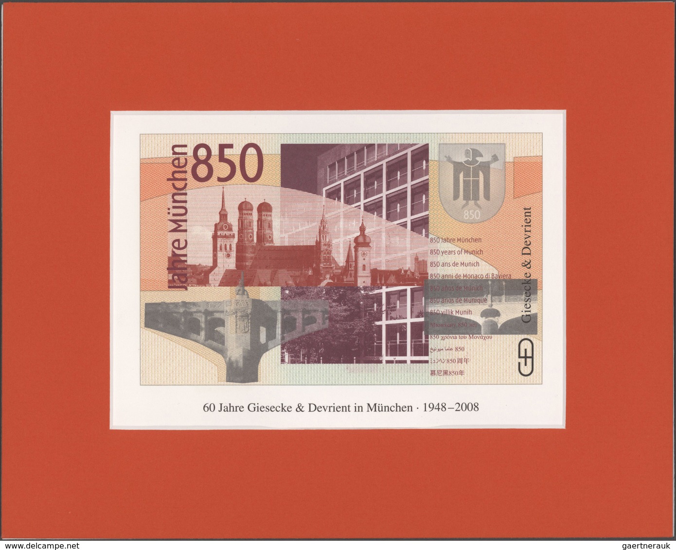 Testbanknoten: Very Rare Advertising Note By Giesecke & Devrient For The 850th Anniversary Of The Ci - Ficción & Especímenes
