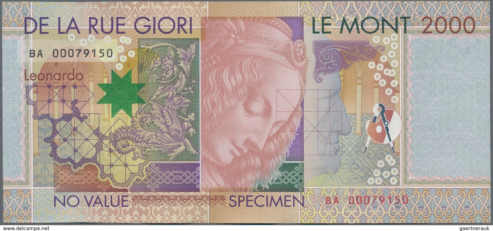 Testbanknoten: Bundle Of 100 Pcs. Test Notes By De La Rue Giori LE MONT 2000 With Portrait Of Leonar - Fiktive & Specimen