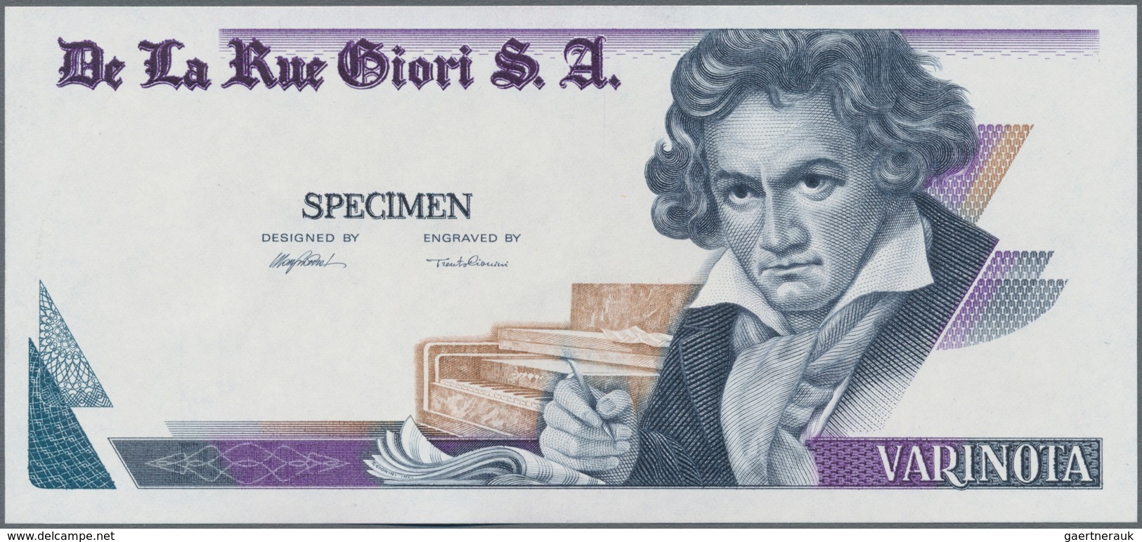 Testbanknoten: Bundle Of 100 Pcs. Test Notes By De La Rue Giori S.A. VARINOTA With Portrait Of Ludwi - Specimen