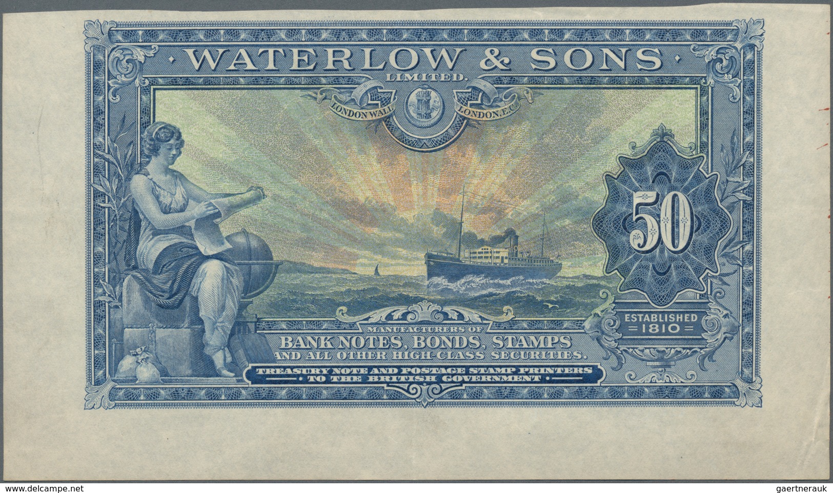 Testbanknoten: Intaglio Printed Advertising Note By Waterlow & Sons. "50" ND(1920), Large Size Forma - Specimen