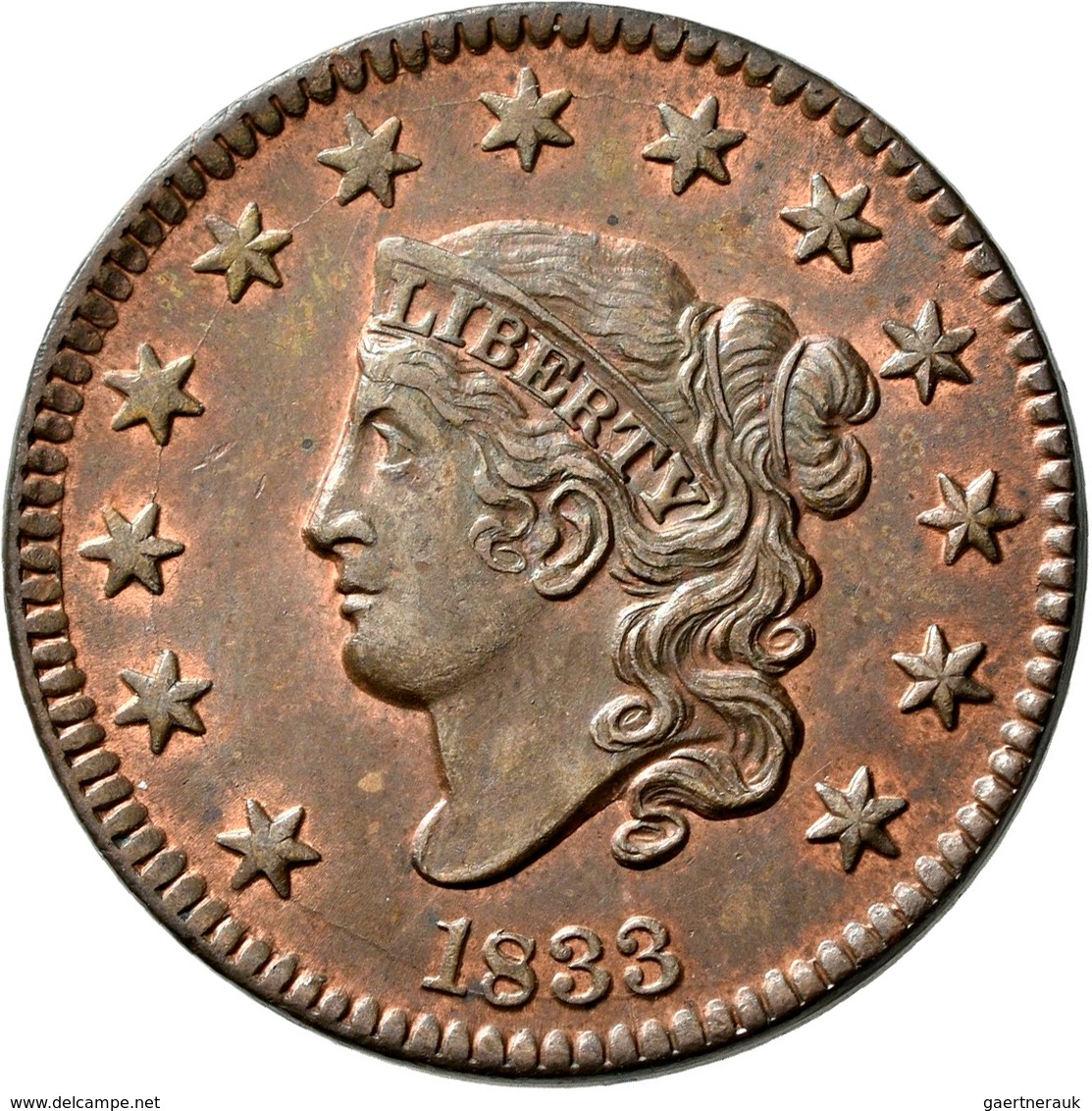 Vereinigte Staaten Von Amerika: 1833 Large Cent N-5 Brown Red Unc Purchased M&G Auctions August 1995 - Andere & Zonder Classificatie