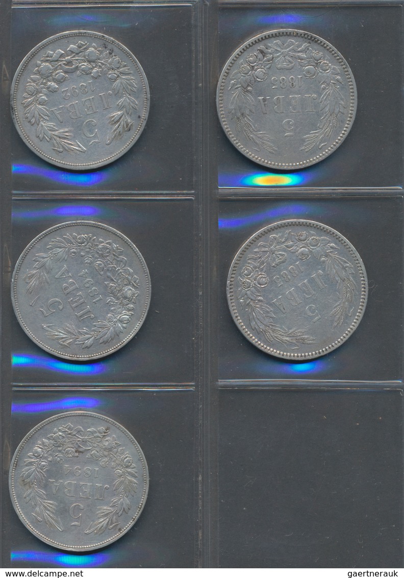 Bulgarien: Lot 5 Münzen Zu 5 Leva: 1885 (2), 1892 Und 1894 (2). KM# 7 Und 15, überwiegend Sehr Schön - Bulgarije