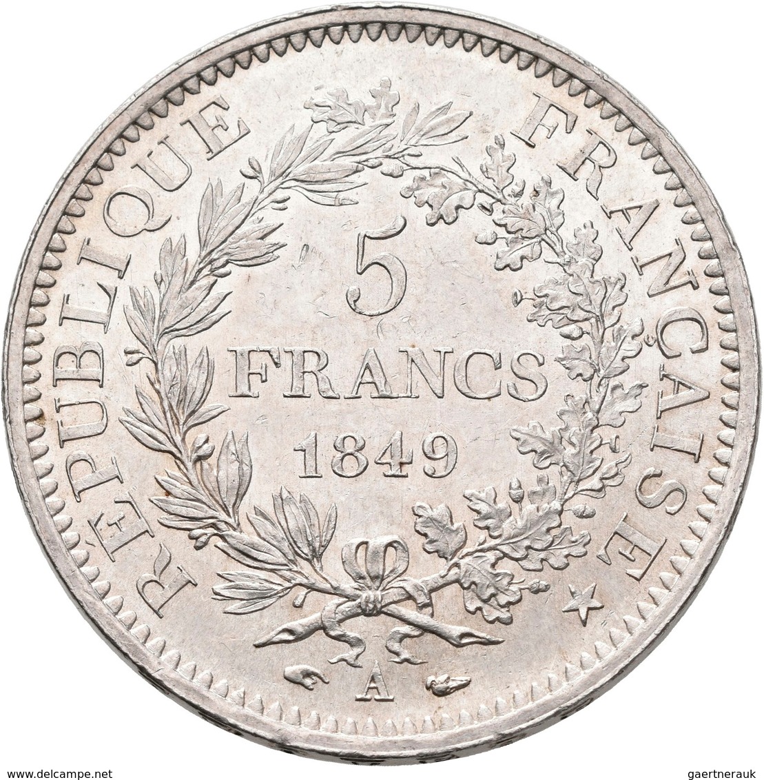 Frankreich: 2. Republik 1848-1852: 5 Francs 1849 A, KM# 856.1, Gadoury 683, Kleine Kratzer, Fast Vor - Andere & Zonder Classificatie