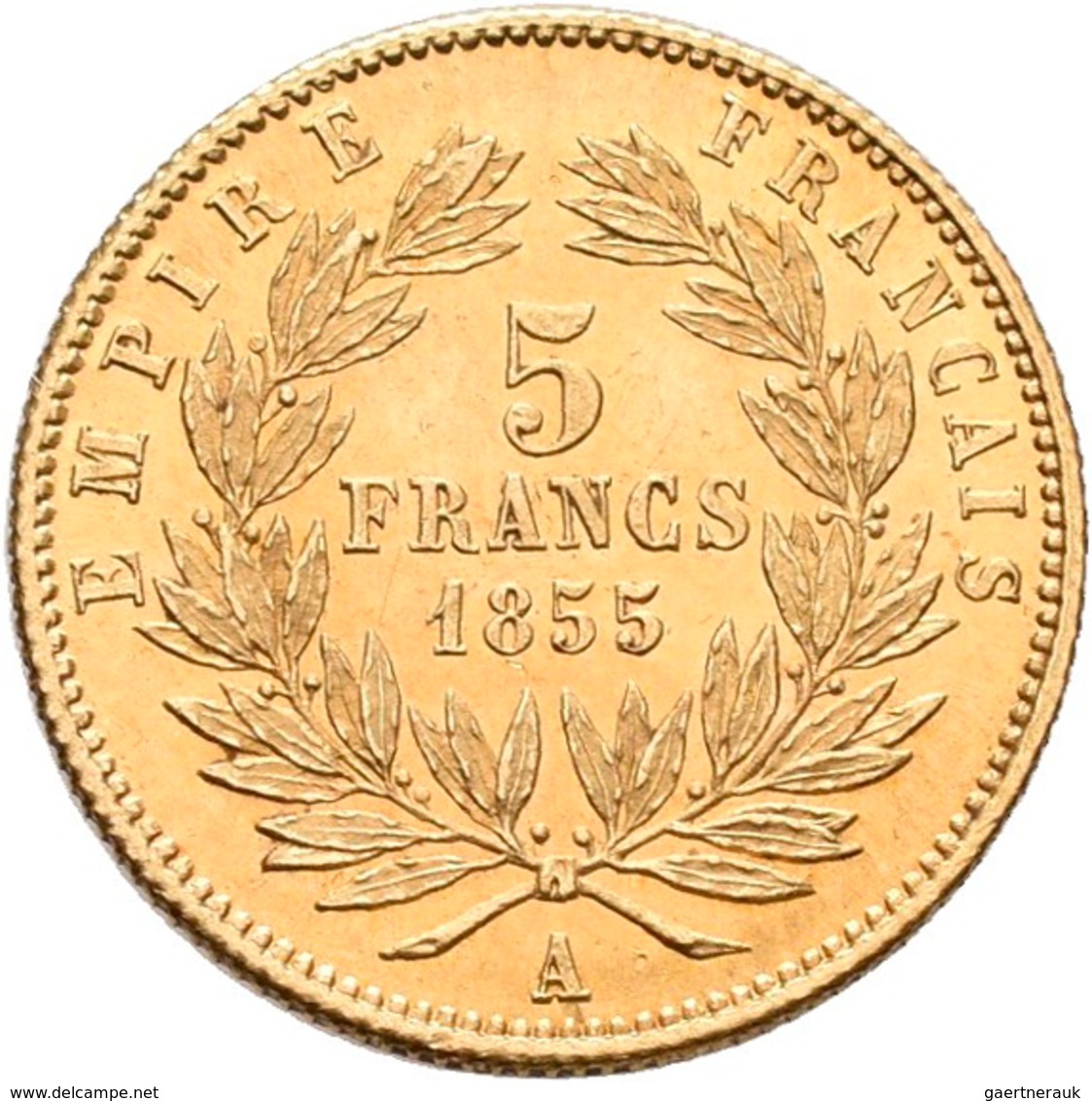 Frankreich - Anlagegold: Napoleon III. 1852-1870: 5 Francs 1855 A, KM# 783, Friedberg 578. 1,60 G, 9 - Autres & Non Classés