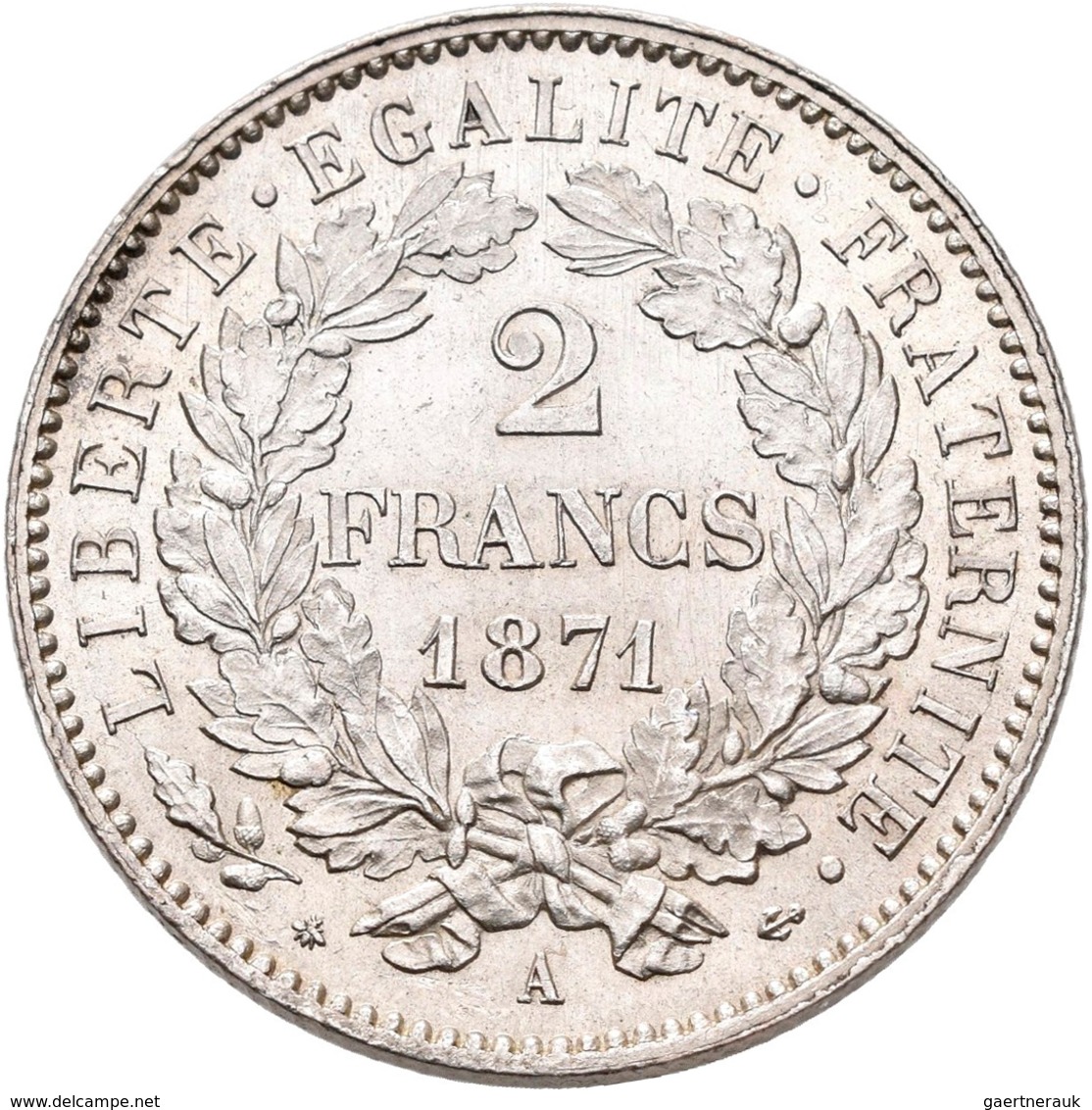 Frankreich: 3. Republik 1870-1940: 2 Francs 1871 A, KM# 817.1 Gadoury 530, Vorzüglich. - Andere & Zonder Classificatie