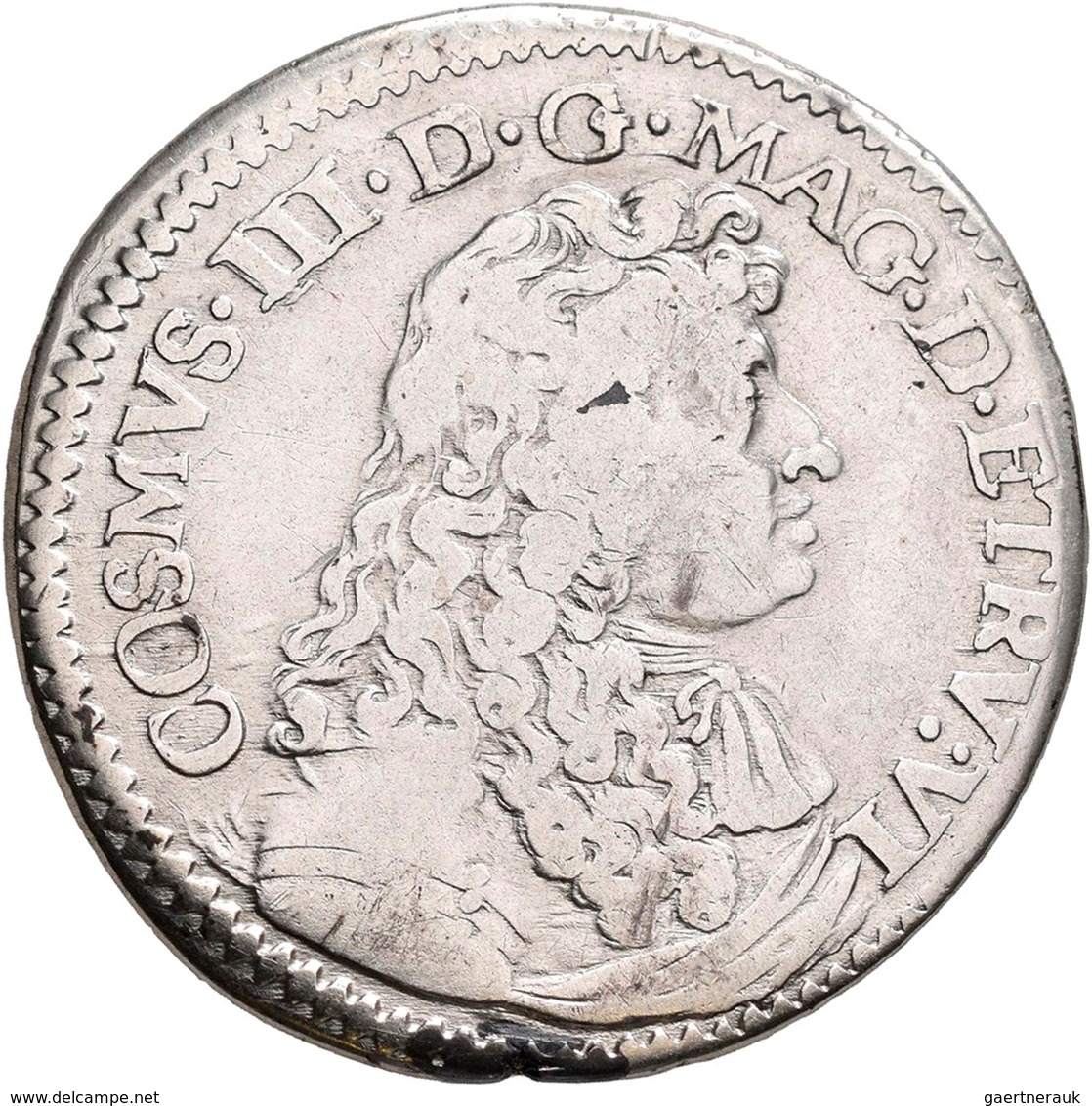 Italien: Florenz, Cosimo III. 1670-1723: Testone 1677. MIR 333. Büste Nach Rechts, COSMVS III D G MA - 1861-1878 : Victor Emmanuel II.