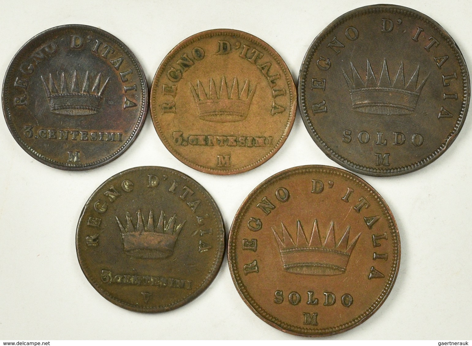 Italien: Napoleon I. 1805-1814: Lot 5 Münzen Regno D' Italia: 3 Centesimi (2x), 5 Centesimi (1x), So - 1861-1878 : Victor Emmanuel II