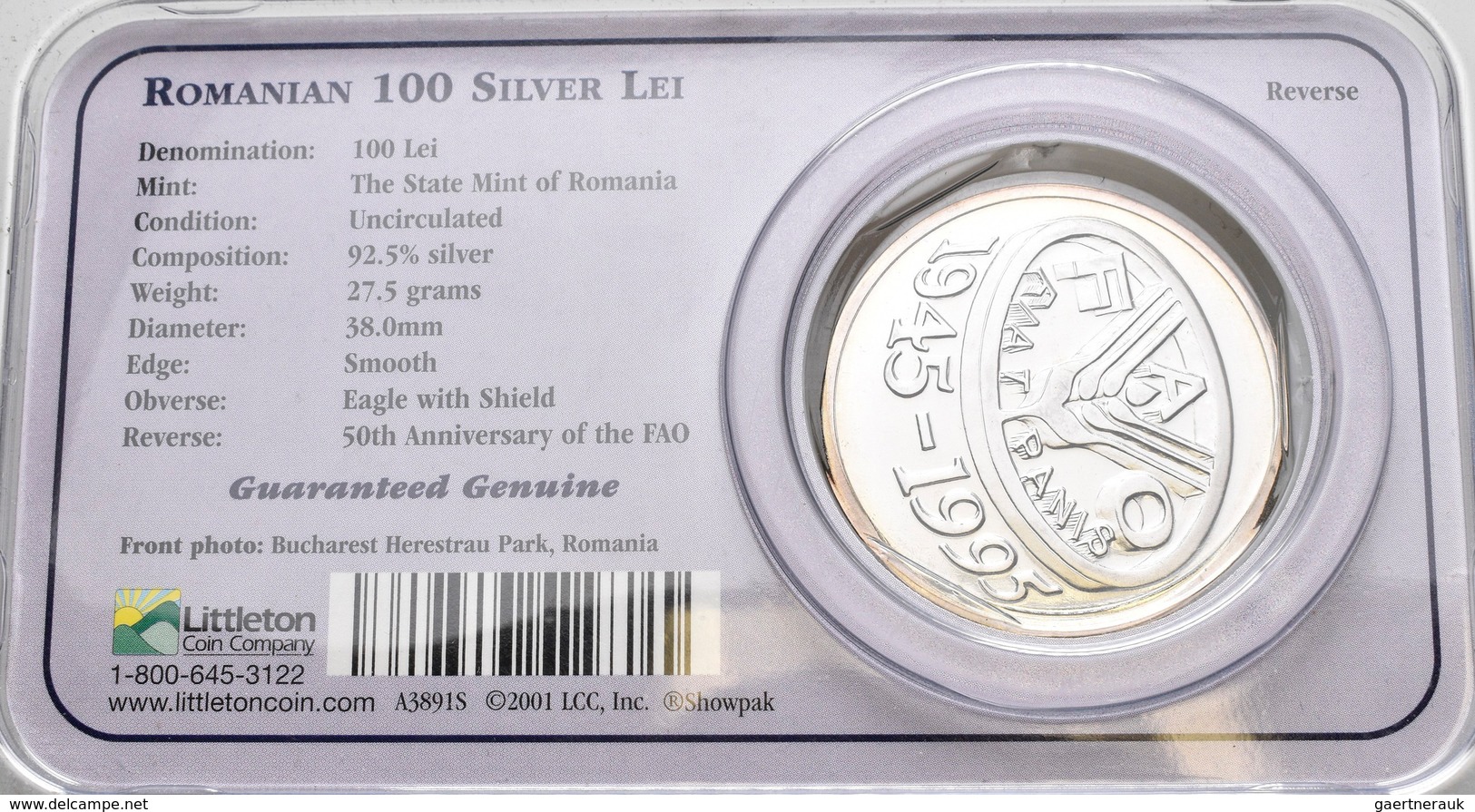 Rumänien: 100 Lei 1995, 50 Jahre F.A.O. KM# 118. 27,5 G, 925/1000 Silber. Auflage 30.000, In Coincar - Romania