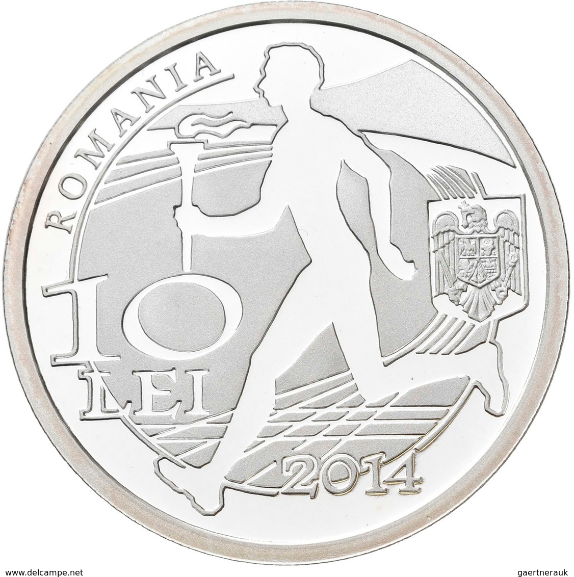 Rumänien: 10 Lei 2014, 100 Jahre Rumänisches Olympisches Kommitee. KM# N.b. 31,103 G (1 OZ), 999/100 - Romania