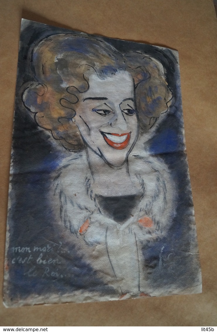 Superbe Ancien Dessin Aquarelle ,signé Fur,( Mon Mari C'est Bien Le Roi ? )42,5 Cm. Sur 29 Cm.Reine Fabiola - Aquarel