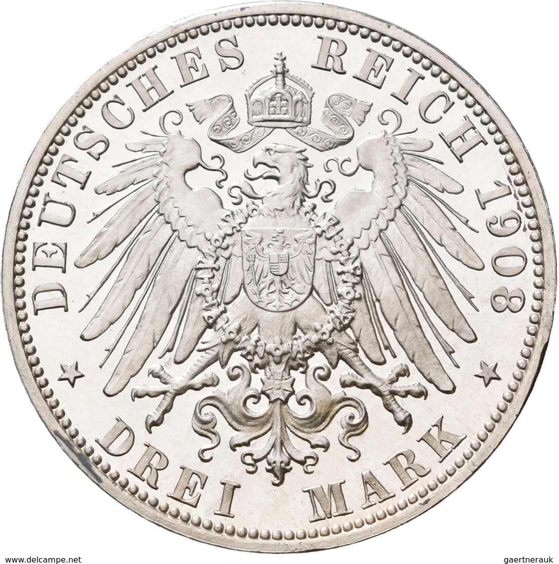 Preußen: Wilhelm II. 1888-1918: 3 Mark 1908 A, Jaeger 103, Zaponiert, Stempelglanz. - Taler Et Doppeltaler