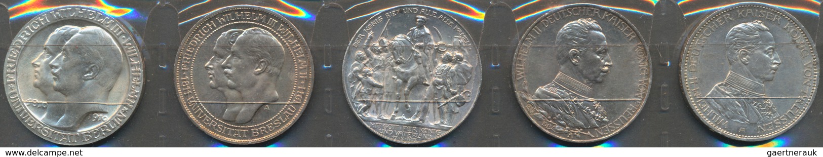 Preußen: Wilhelm II. 1888-1918: Lot 5 Münzen Zu 3 Mark: 1910 Uni Berlin, J. 107; 1911 Uni Breslau, J - Taler En Doppeltaler