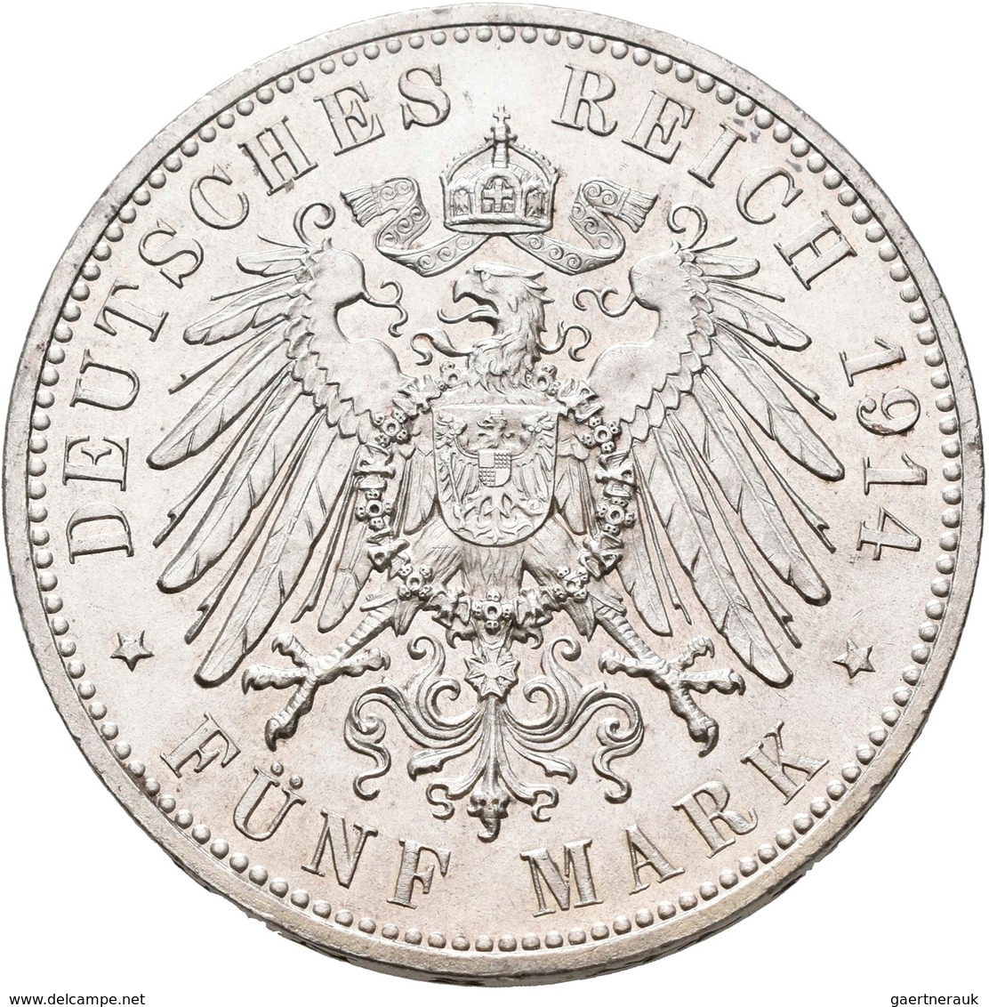 Sachsen: Friedrich August III. 1904-1918: 5 Mark 1914 E, Jaeger 136, Prachtexemplar, Feine Kratzer, - Taler En Doppeltaler