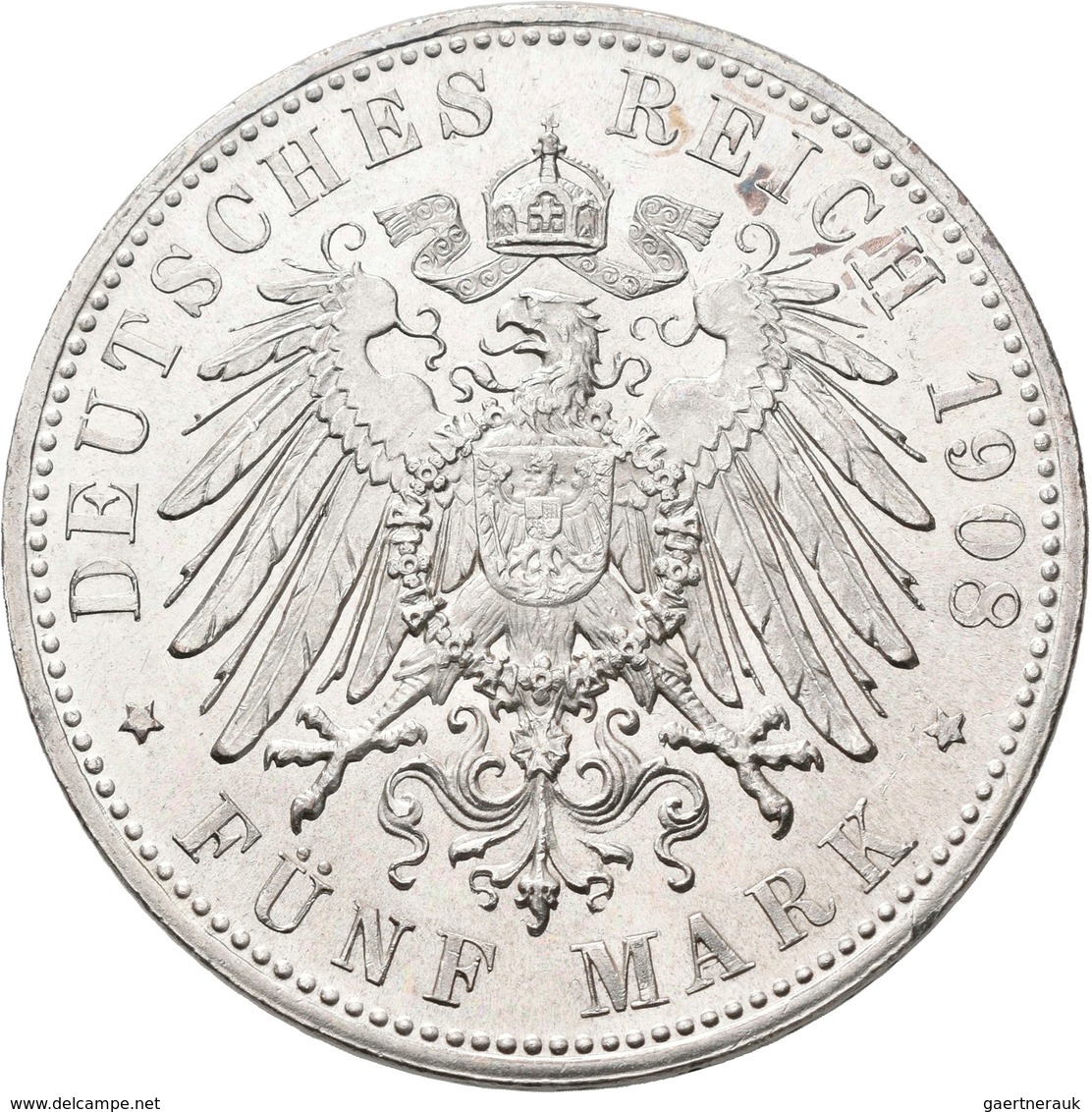 Sachsen-Meiningen: Georg II. 1866-1914: 5 Mark 1908 D, Bart Berührt Perlkreis Nicht, Jaeger 153b, Kr - Taler Et Doppeltaler