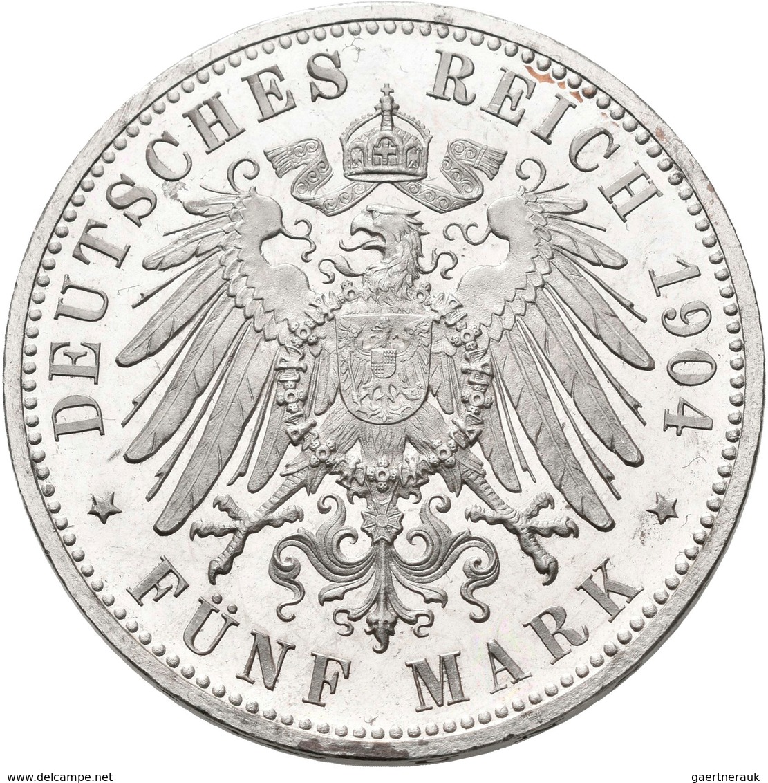 Württemberg: Wilhelm II. 1891-1918: 5 Mark 1904 F, Jaeger 176, Prachtexemplar, Stempelglanz. - Taler Et Doppeltaler