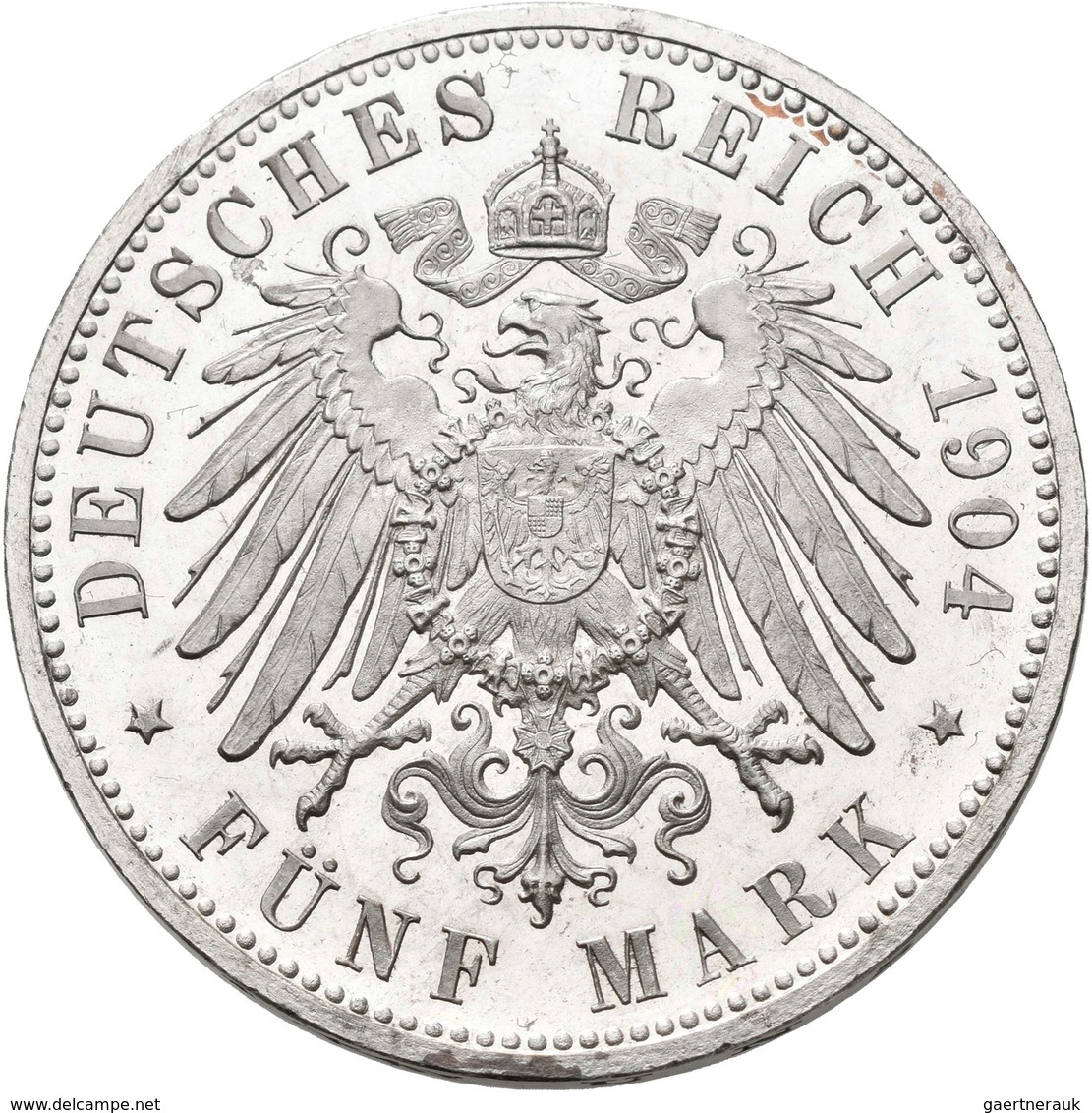 Württemberg: Wilhelm II. 1891-1918: 5 Mark 1904 F, Jaeger 176, Prachtexemplar, Stempelglanz. - Taler & Doppeltaler