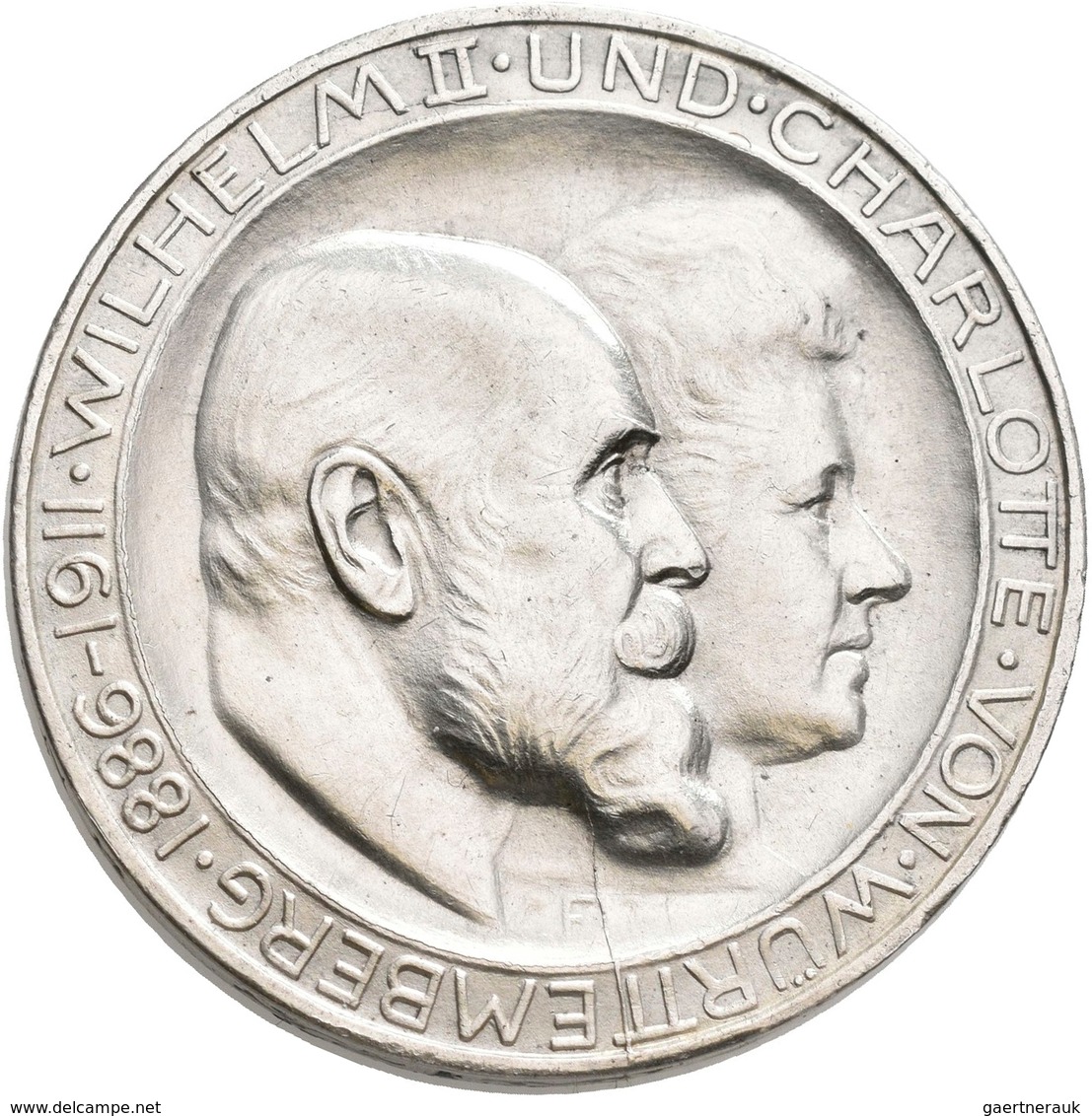 Württemberg: Wilhelm II. 1891-1918: 3 Mark 1911, Silberhochzeit Mit Charlotte, Jaeger 177b, Hohes H - Taler Et Doppeltaler