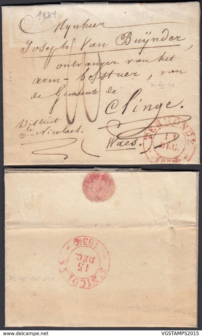 BELGIQUE LETTRE DATE DE DENDERMONDE 14/12/1834 CACHET TERMONDE VERS St NICOLAS (BE) DC-5400 - 1830-1849 (Independent Belgium)