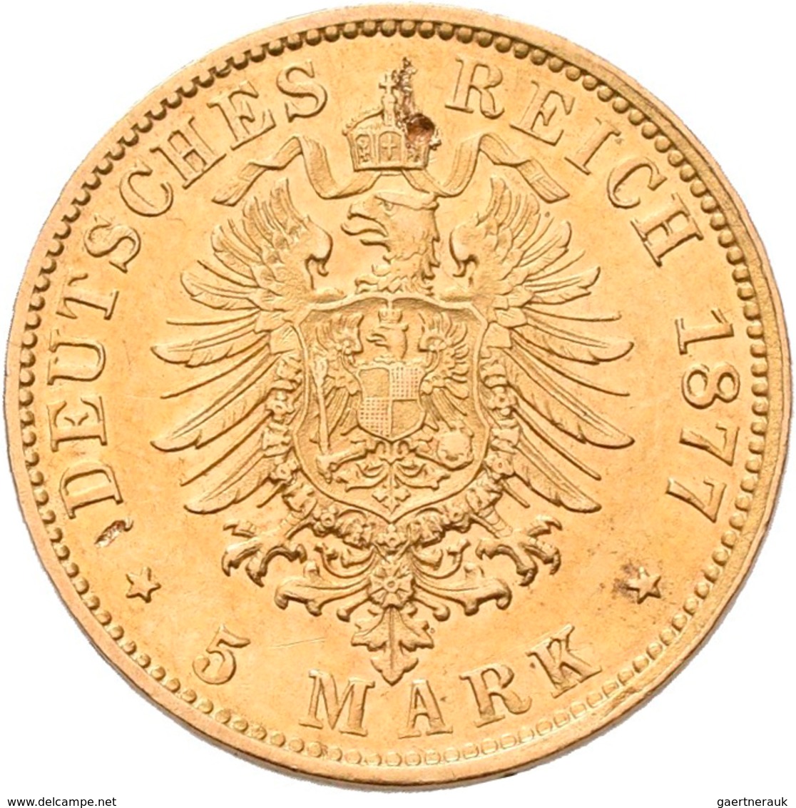 Hamburg: Freie Und Hansestadt: 5 Mark 1877 J, Jaeger 208. 1,97 G, 900/1000 Gold. Einhieb/Prüfspur? I - Pièces De Monnaie D'or