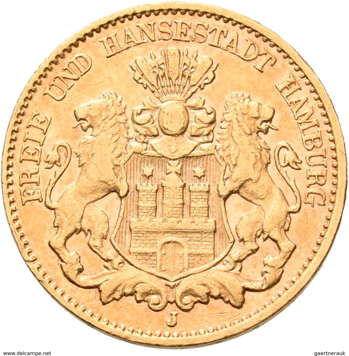 Hamburg: Freie Und Hansestadt: 10 Mark 1876 J, Jaeger 209. 3,94 G, 900/1000 Gold. Seltener Jahrgang, - Pièces De Monnaie D'or