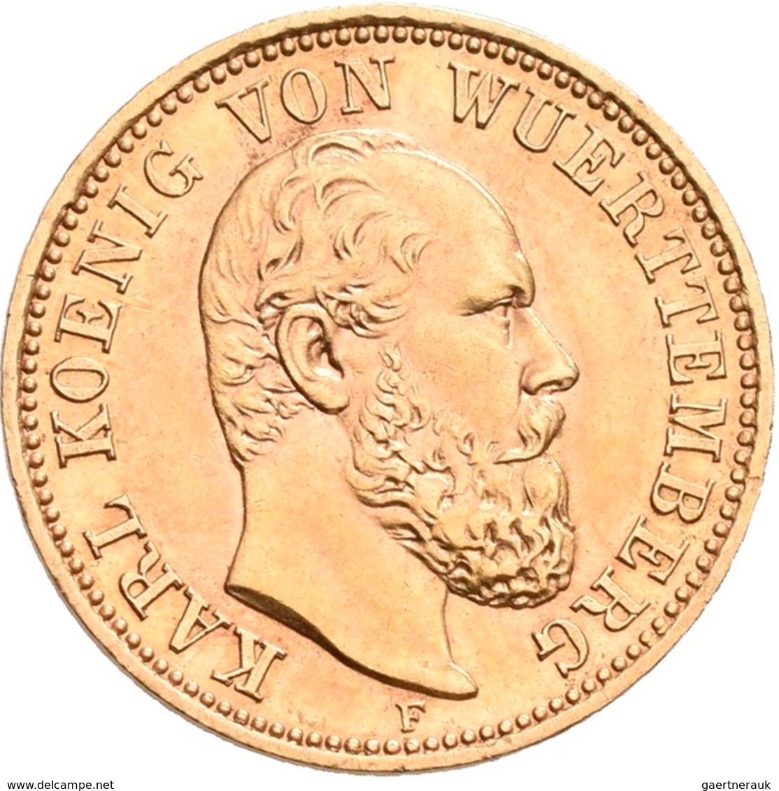 Württemberg: Karl 1864-1891: 5 Mark 1877 F, Jaeger 291. 1,99 G, 900/1000 Gold. Kleine Kratzer, Sehr - Pièces De Monnaie D'or