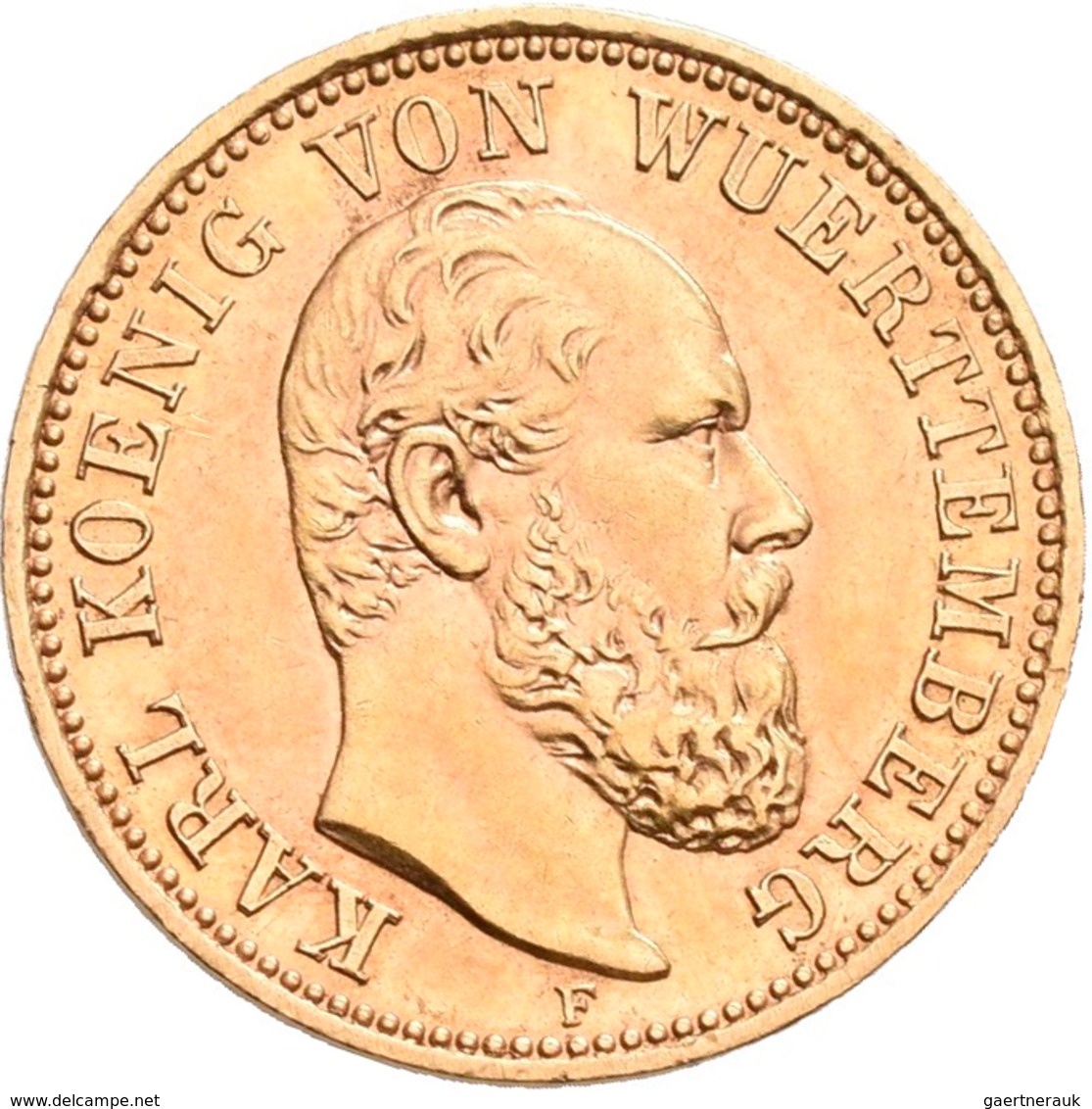 Württemberg: Karl 1864-1891: 5 Mark 1877 F, Jaeger 291. 1,99 G, 900/1000 Gold. Kleine Kratzer, Sehr - Gouden Munten