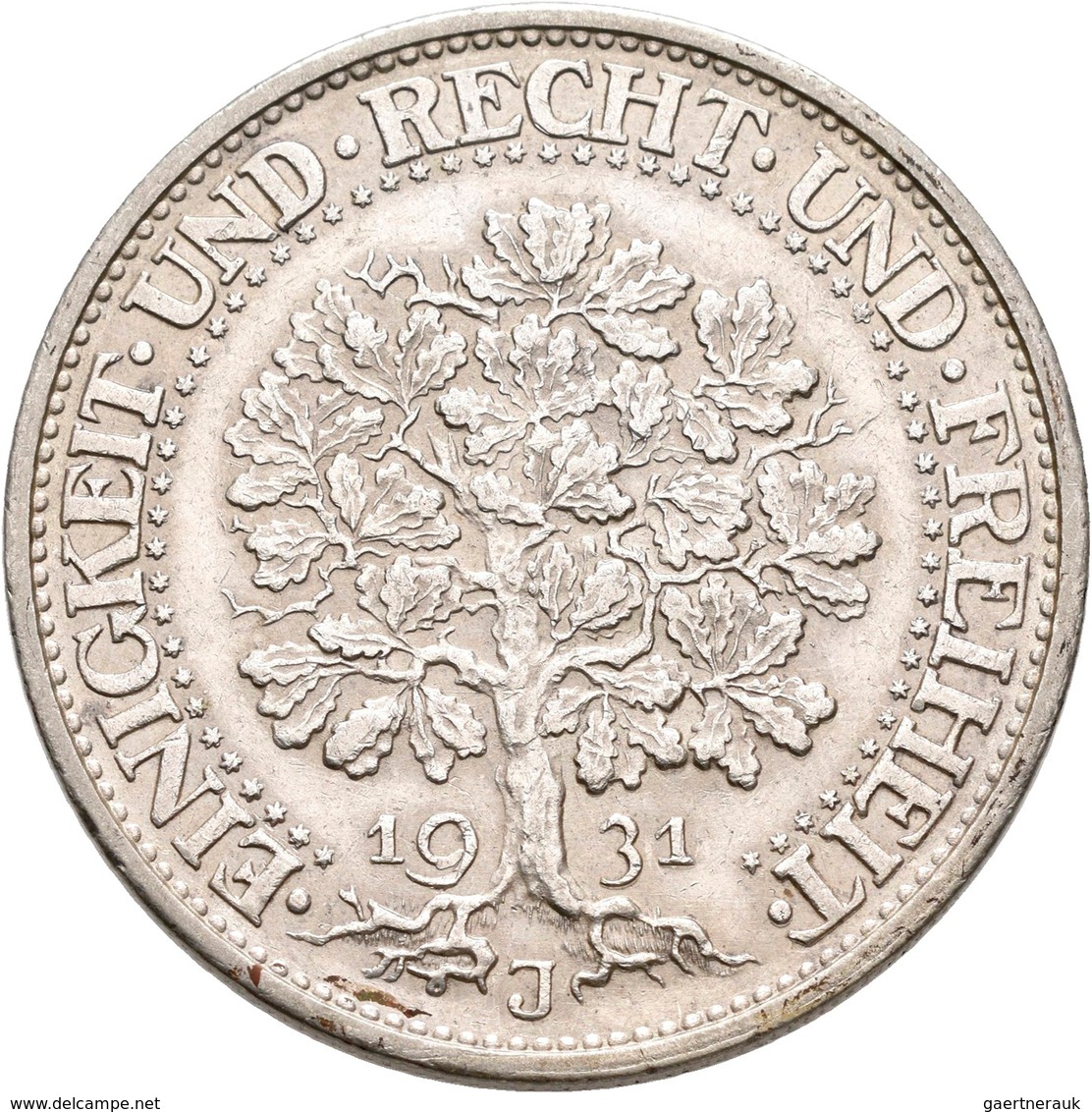Weimarer Republik: 5 Reichsmark 1931 J, Eichbaum, Jaeger 331, Kleine Kratzer, Fast Vorzüglich. - Autres & Non Classés