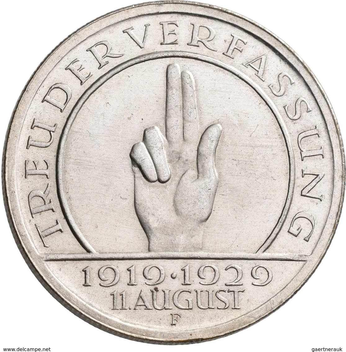 Weimarer Republik: 5 Reichsmark 1929 F, Schwurhand, Jaeger 341, Kleine Kratzer, Vorzüglich. - Autres & Non Classés
