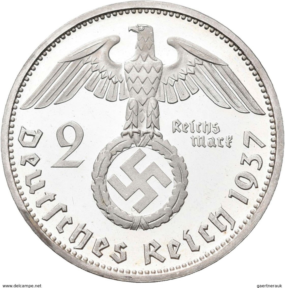 Drittes Reich: 2 Reichsmark 1937 F. Hindenburg Mit Hakenkreuz, Jaeger 366. Zaponiert, Polierte Platt - Autres & Non Classés