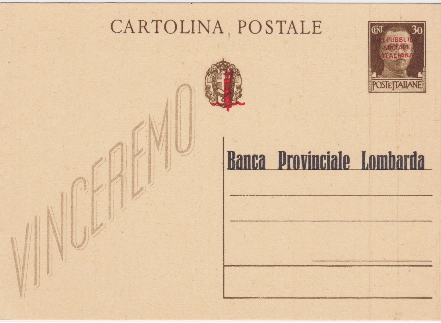 ITALIA 1944 - CARTOLINA INTESTATA DA CENT.30 - FASCETTO - VINCEREMO - Interi Postali