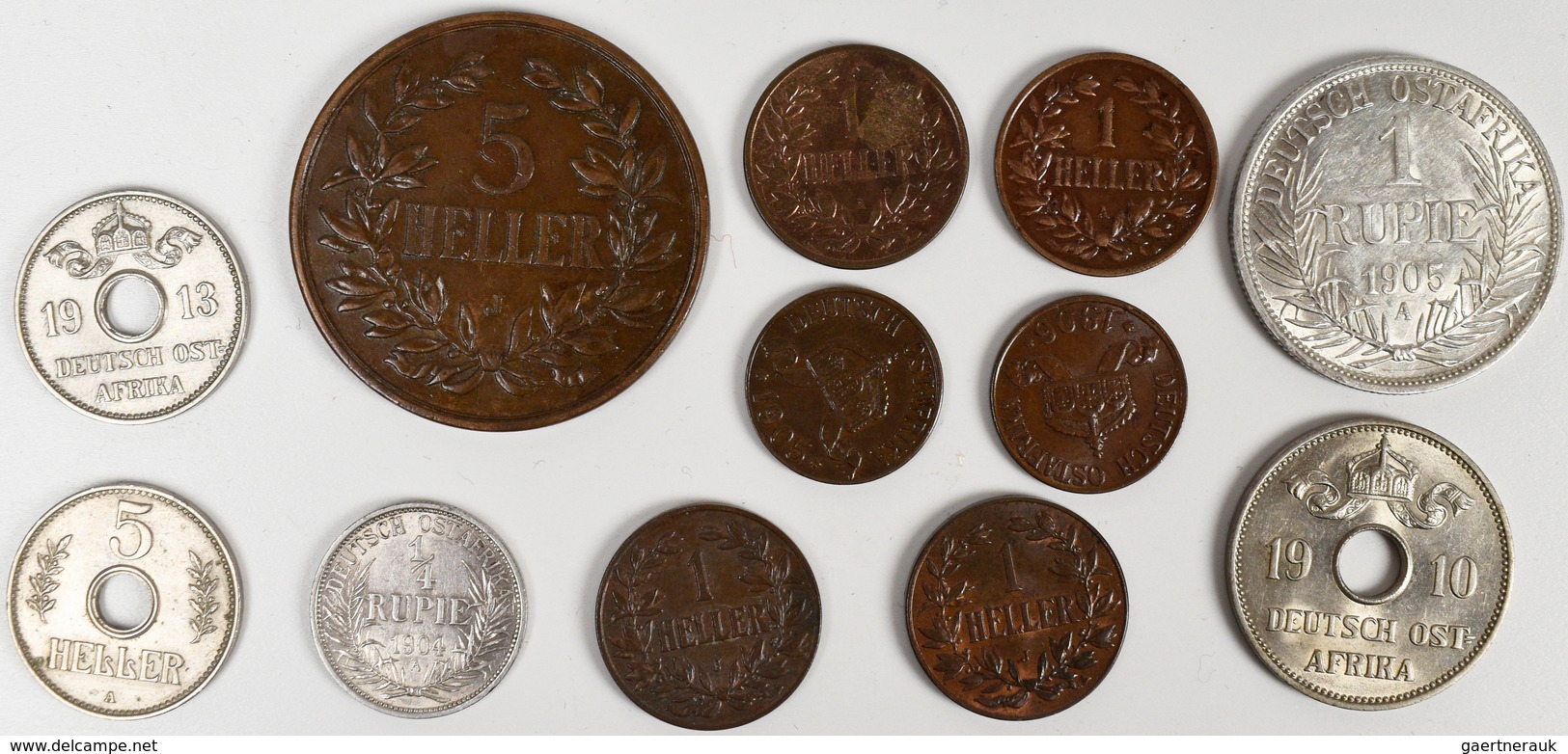 Deutsch-Ostafrika: Lot 11 Münzen; 1 Rupie 1905 A / 1/4 Rupie 1904 A / 10 Heller 1910J / 5 Heller 190 - Afrique Orientale Allemande