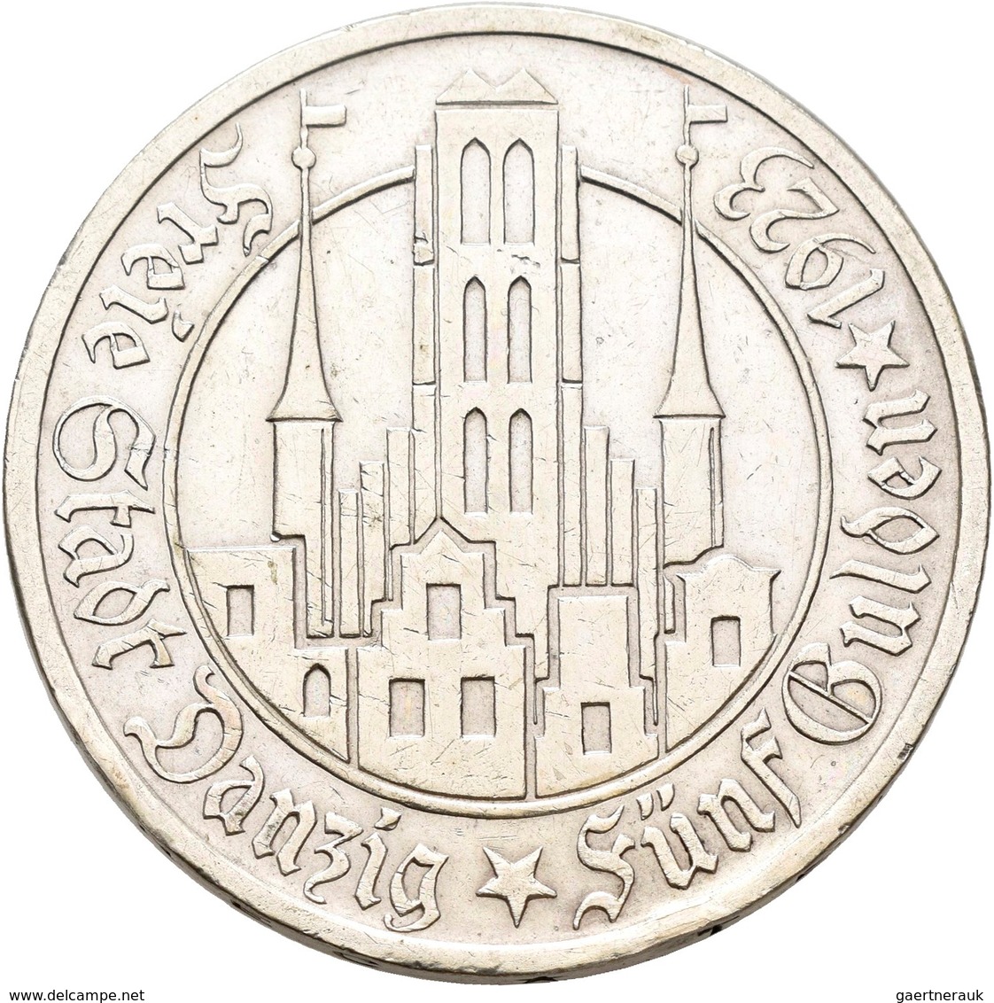 Danzig: 5 Gulden 1923 Marienkirche. Jaeger D9. 24,92 G. Silber. Kratzer, Randfehler, Sehr Schön. - Autres & Non Classés