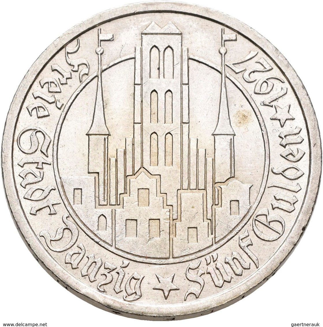 Danzig: 5 Gulden 1927 Marienkirche. Jaeger D9. 25,0 G. Silber. Winzige Kratzer, Kaum Sichtbarer Rand - Autres & Non Classés