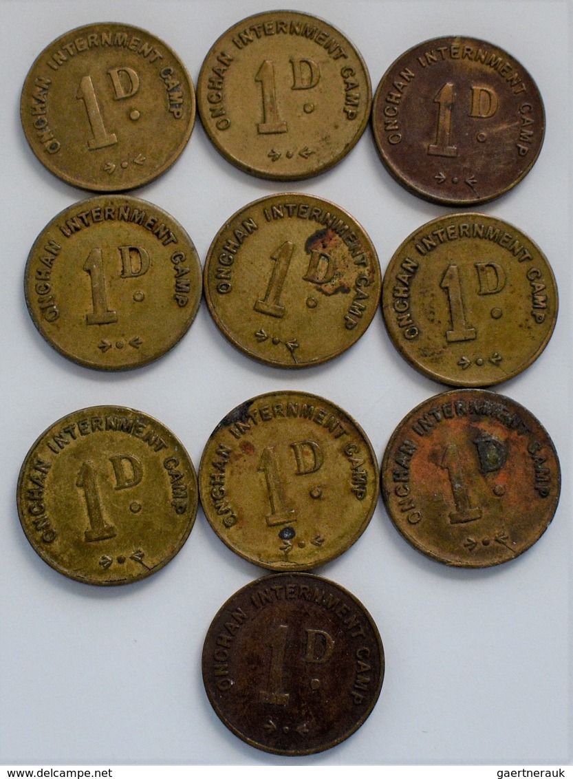 Insel Man: Lot 10 Token Zu 1 Penny Aus Dem ONCHAN INTERNMENT CAMP Aus Dem Zweiten Weltkrieg. Die Vor - Other - Europe