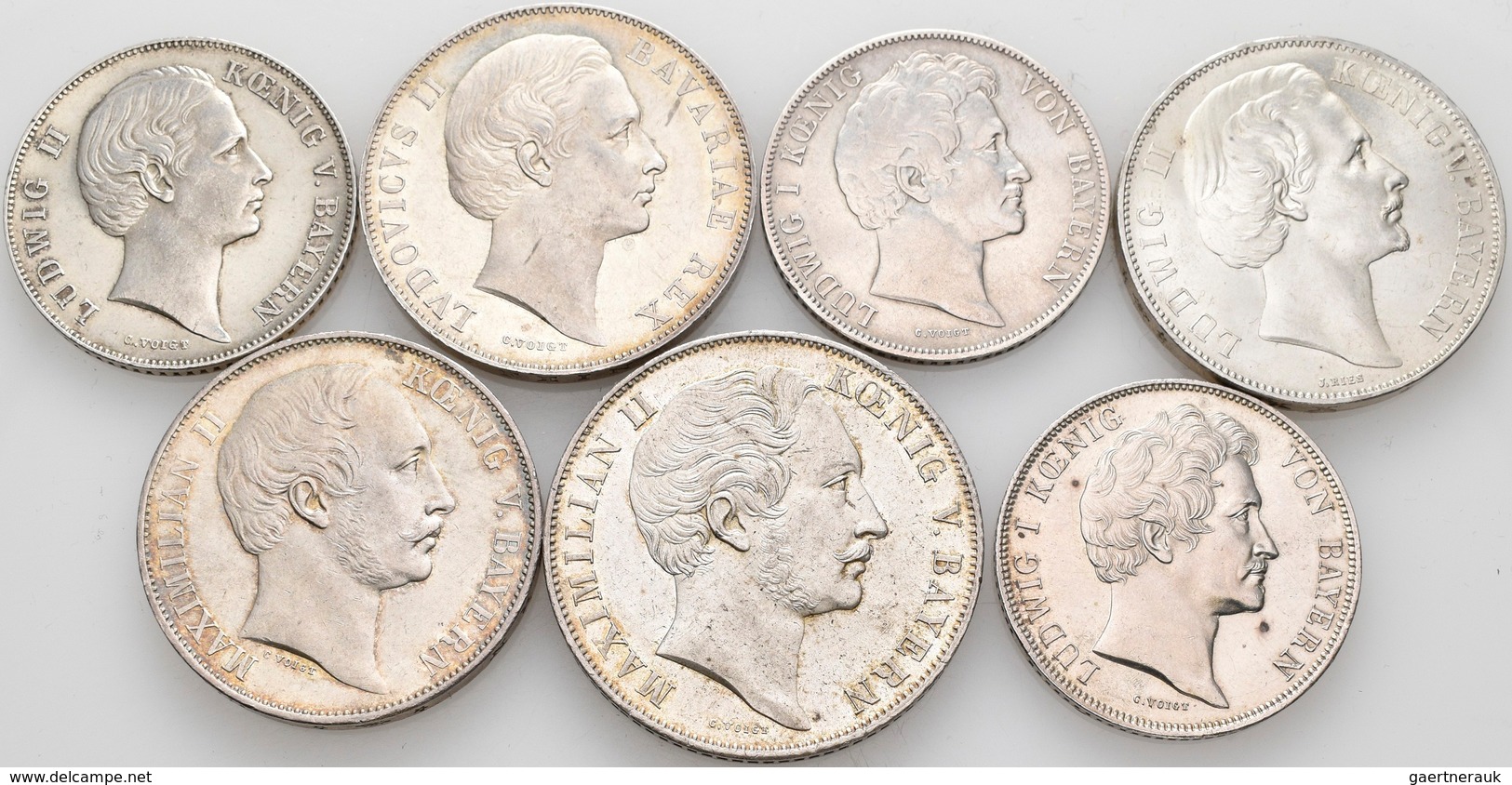 Bayern: Lot 7 Münzen; Gulden 1837,1844, 1864, Vereinstaler 1863, 1867, Siegestaler 1871, 2 Gulden 18 - Autres & Non Classés