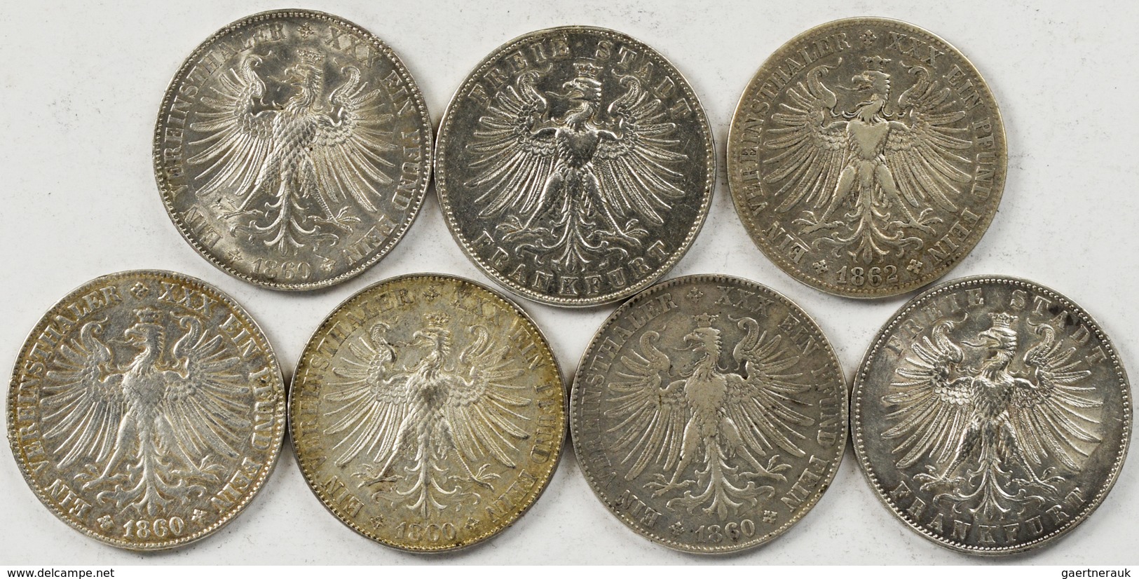 Frankfurt Am Main: Lot 8 Silbermünzen; Vereinstaler 1860 (4x), 1862, Taler 1862 (2x) Deutsches Schüt - Autres & Non Classés