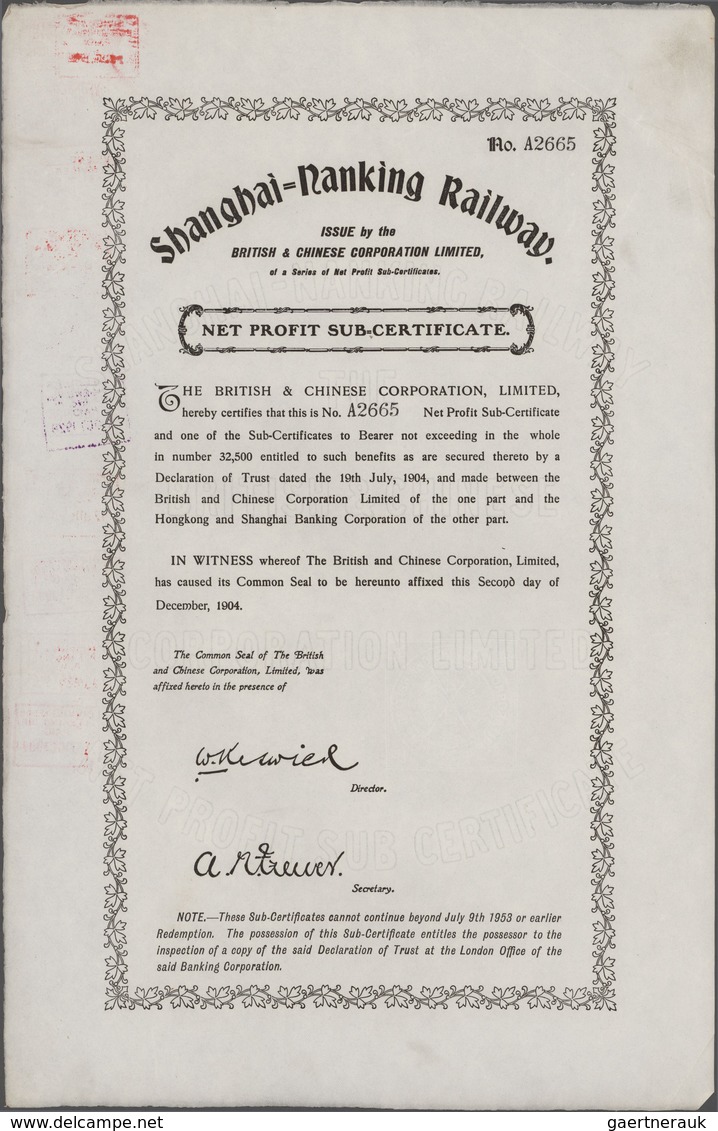 Alte Aktien / Wertpapiere: Shanghai-Nanking Railway Net Profit Sub-Certificate. Lot 7 Stück. 02.12.1