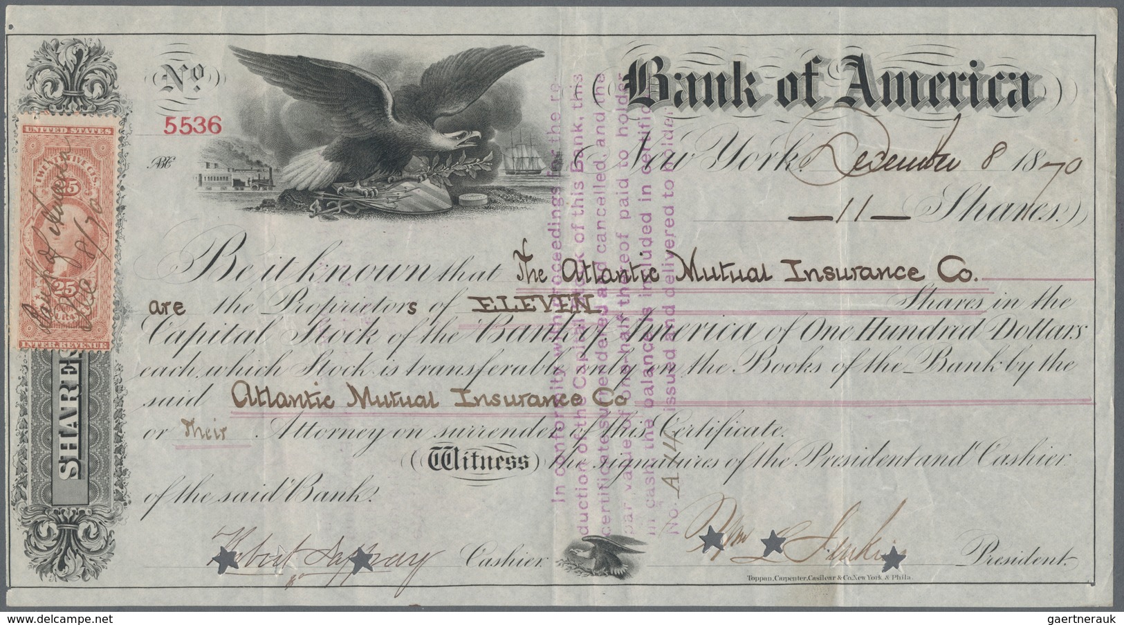 Alte Aktien / Wertpapiere: USA, New York. Bank Of America Aktie Nr. 5536 Vom 08.12.1870 über 11 Stüc - Autres & Non Classés