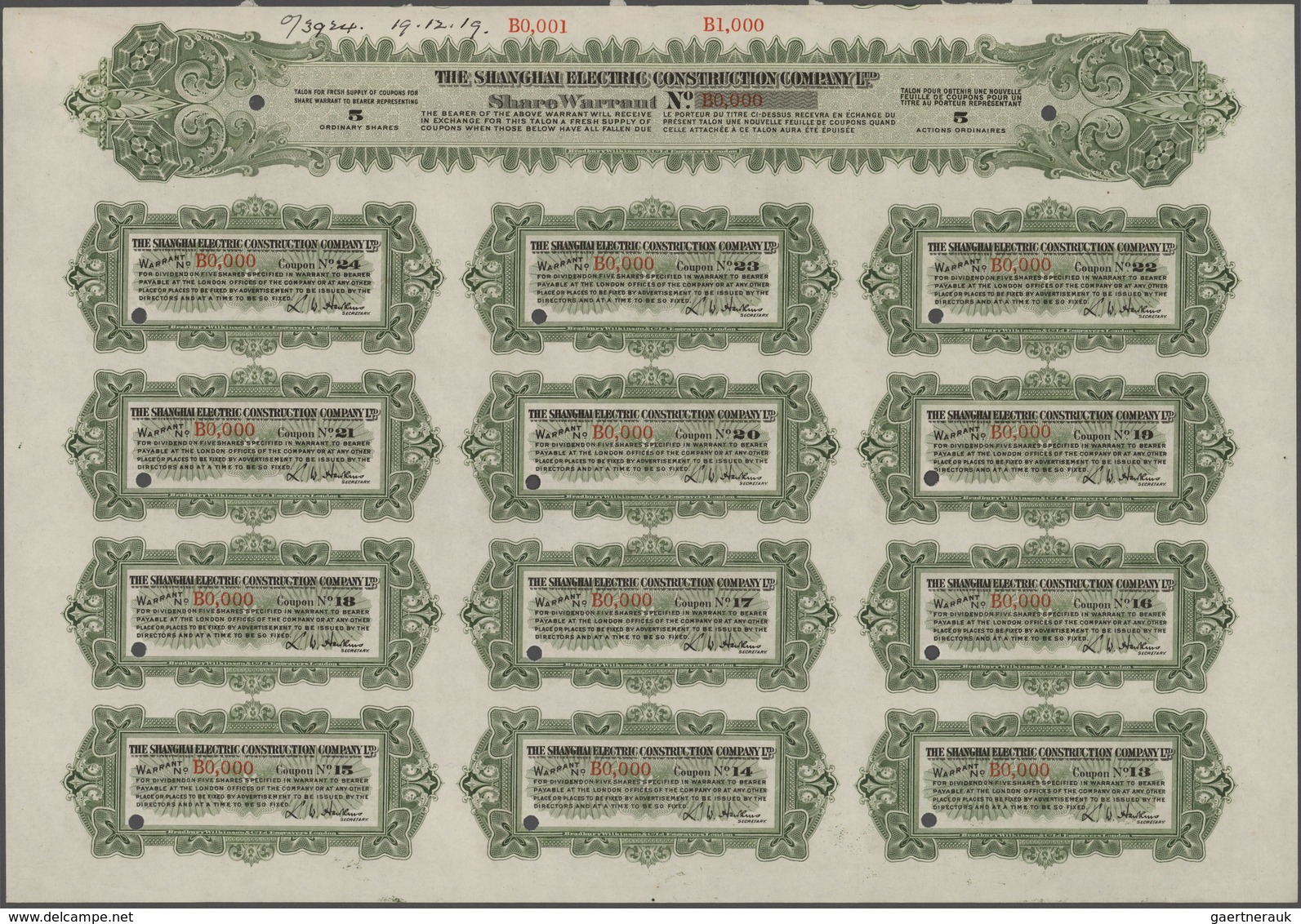 Alte Aktien / Wertpapiere: 1919/23, 6 Shanghai Electric Construction Company Ltd. Share Warrant Spec - Autres & Non Classés